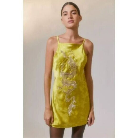 Urban Outfitters | Bird Song Mini Satin Party Dress New Small Yellow Dragon - Picture 1 of 8